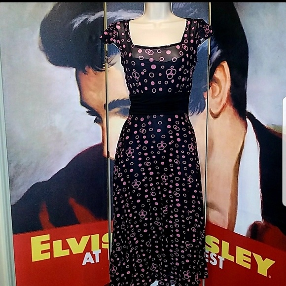 Tatyana Jenny Vintage 1940's Hollywood Starlet Black Chiffon Tea Dress Pink Dots - Picture 2 of 8